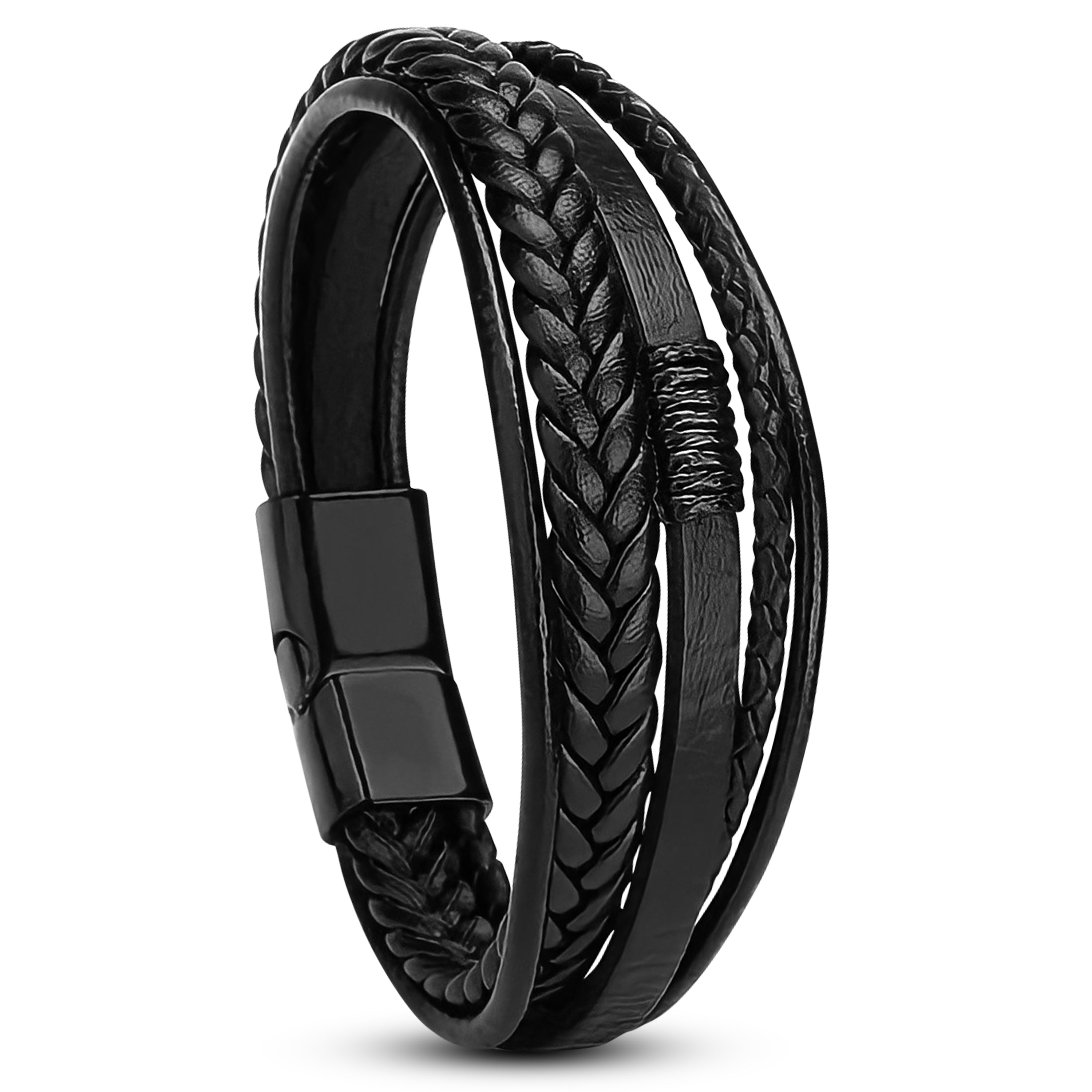 Armband heren leer zwart RVS sluiting