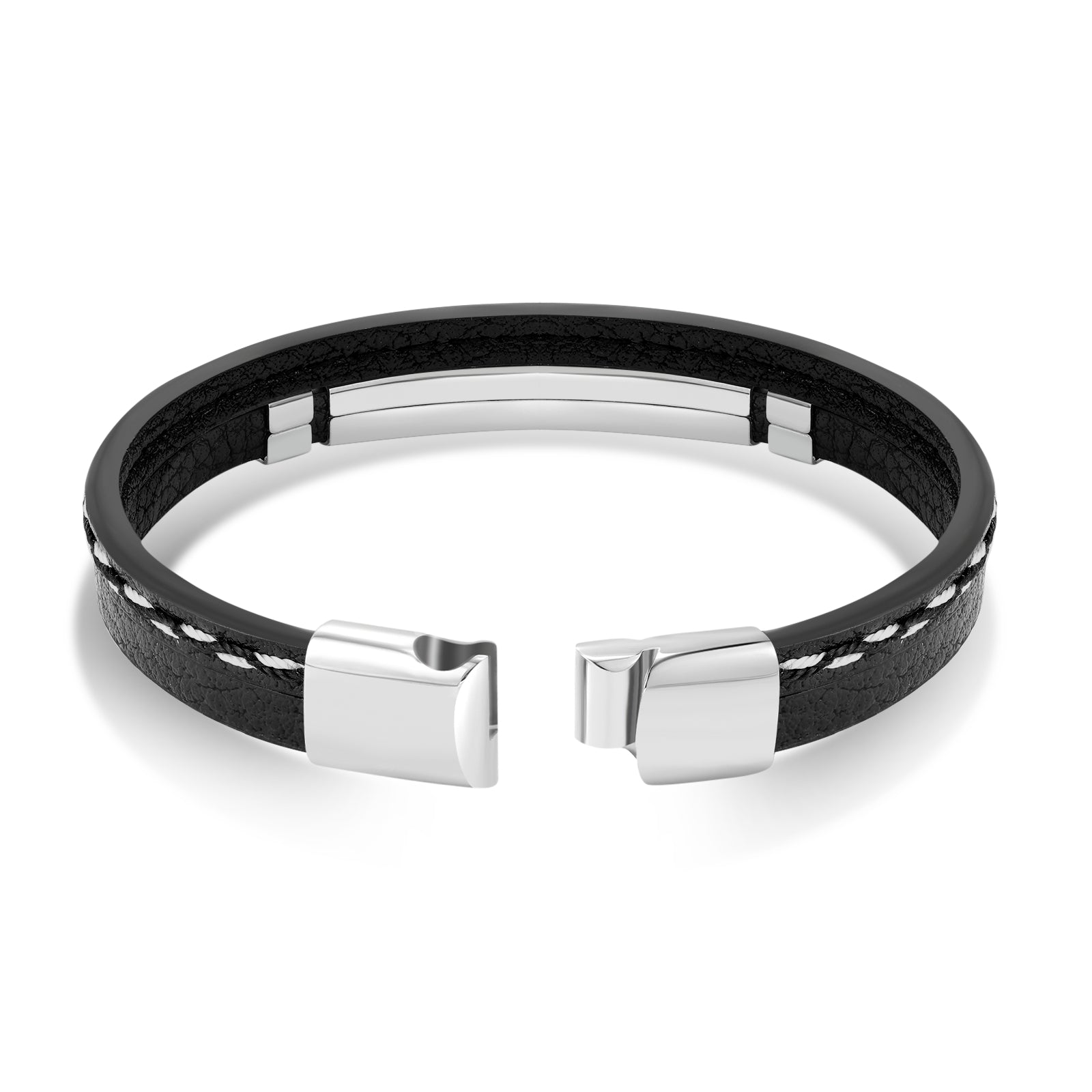 Silver Plate Armband | Zwart Leer Snoeren en Zilver RVS