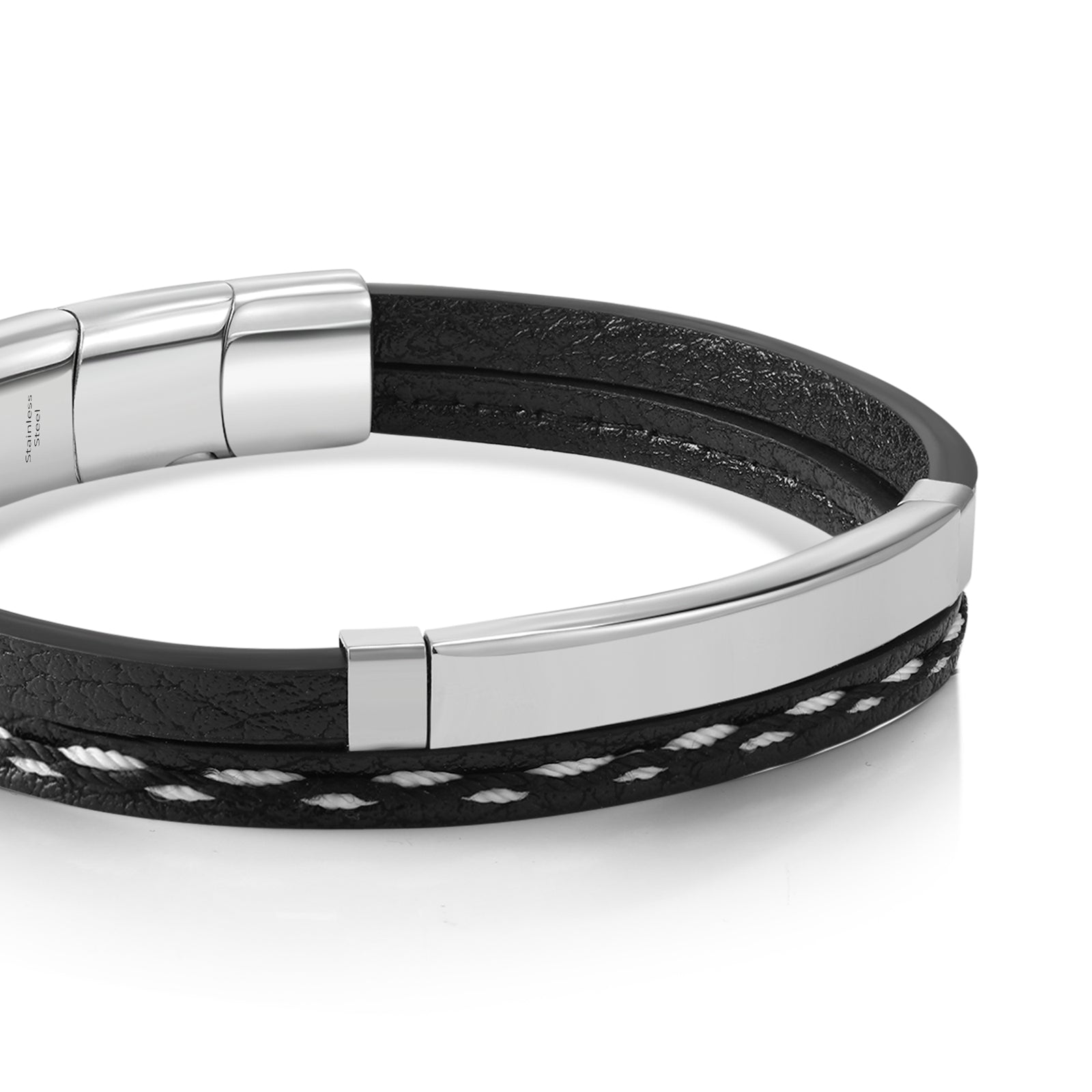 Silver Plate Armband | Zwart Leer Snoeren en Zilver RVS