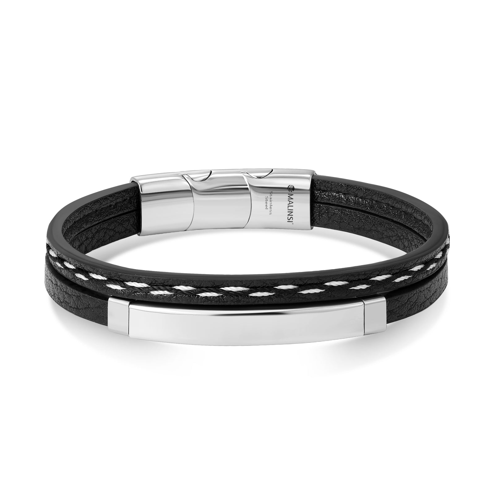 Silver Plate Armband | Zwart Leer Snoeren en Zilver RVS