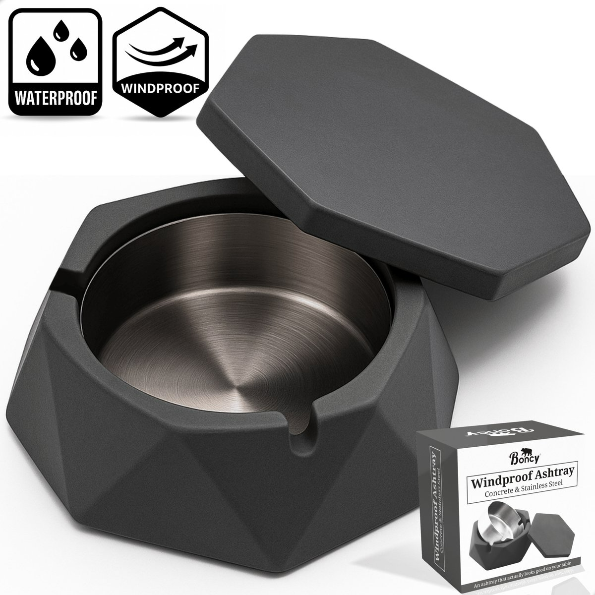 Boncy® Asbak met Deksel | Hexa Cement & RVS