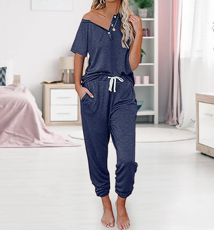 Pyjama Set Dames | Loungewear V-Top | Blauw