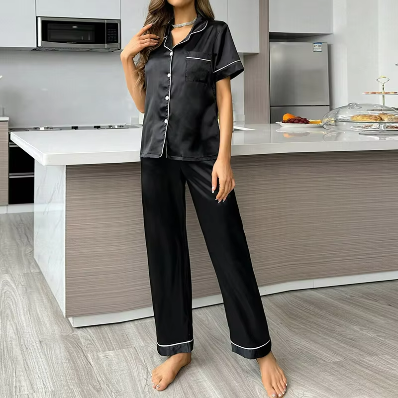 Pyjama Set Dames | Blouse en Broek | Satijn | Zwart
