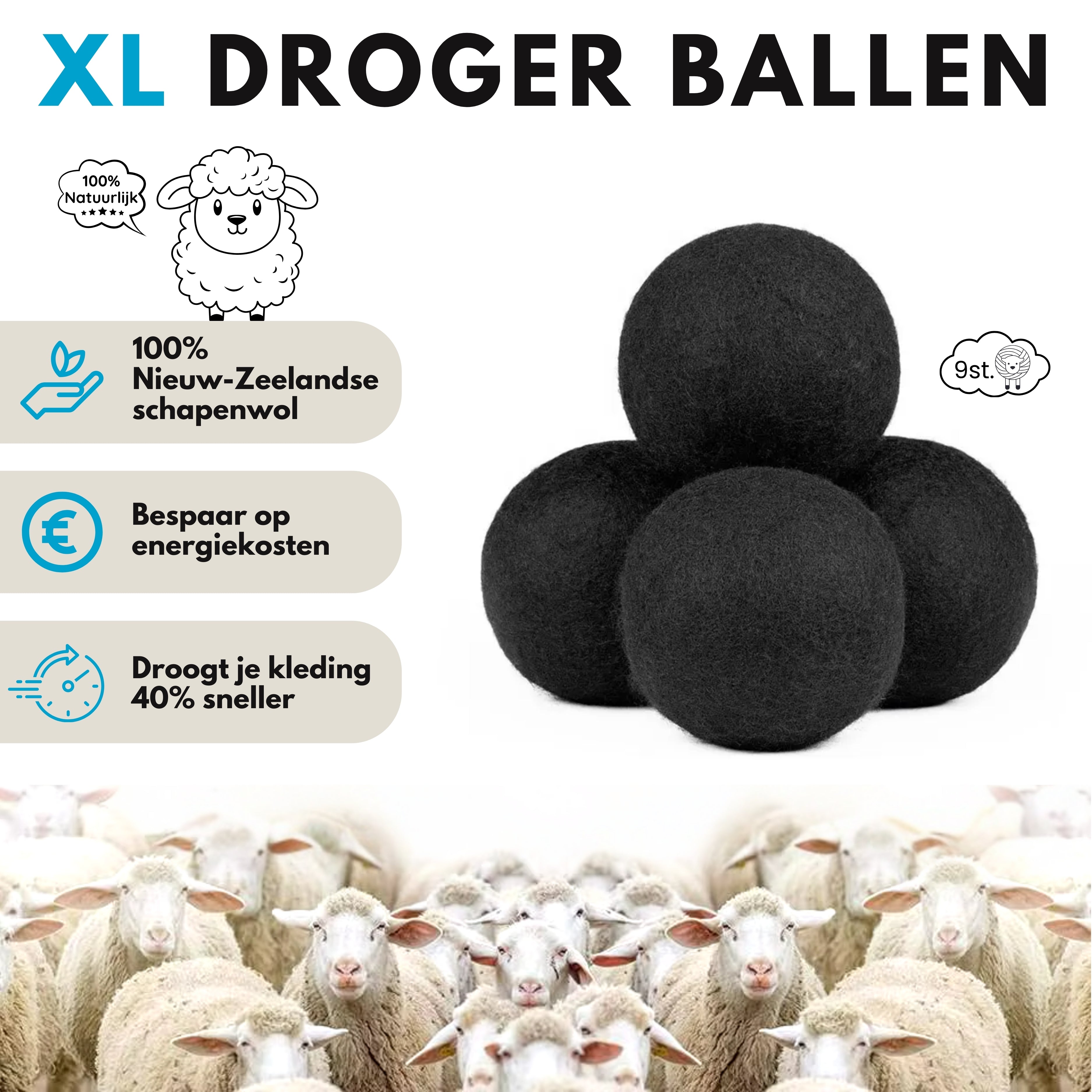 Boncy® Premium Drogerballen - 9 Stuks - Zwart