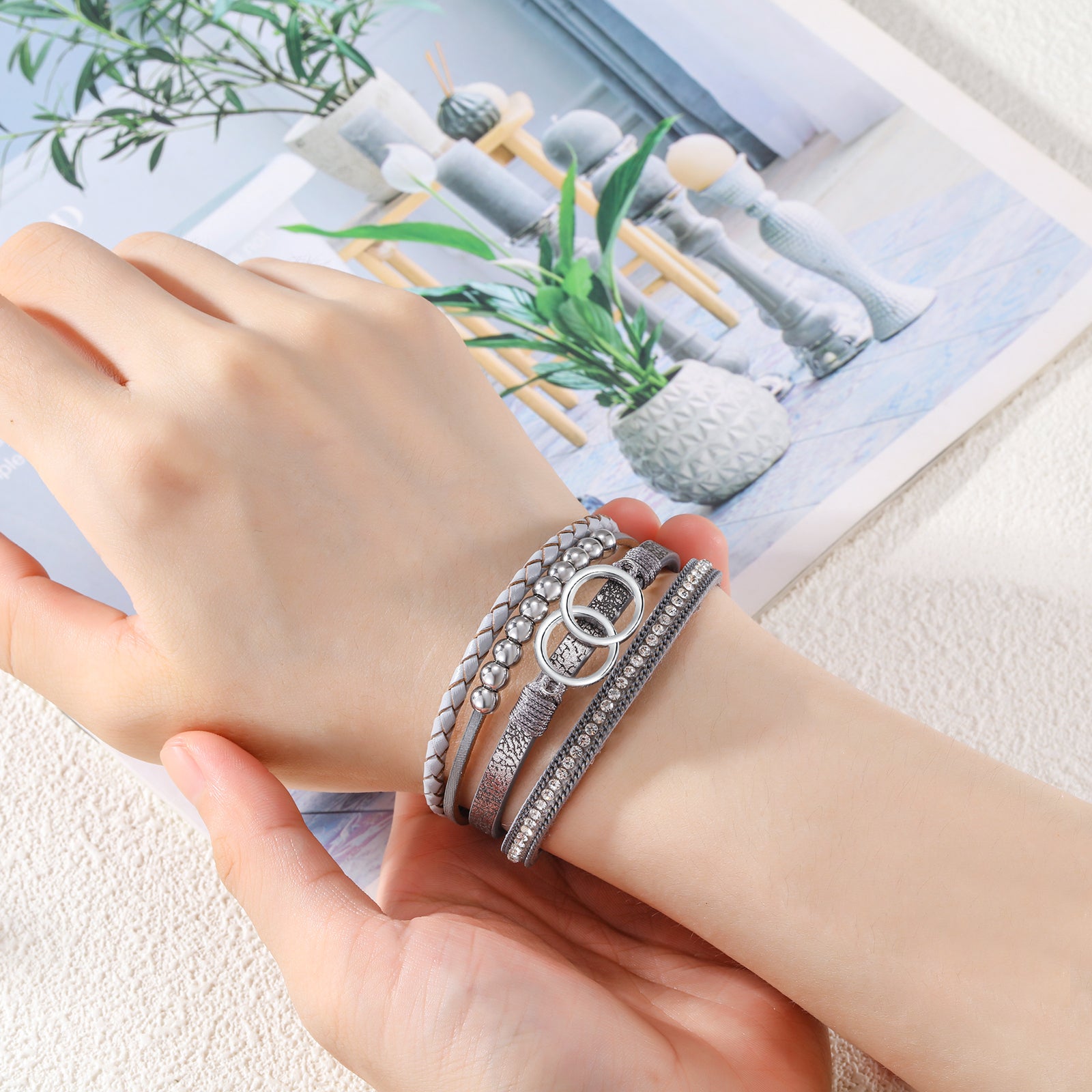 Armband Dames | 4 Snoeren | Leer en RVS