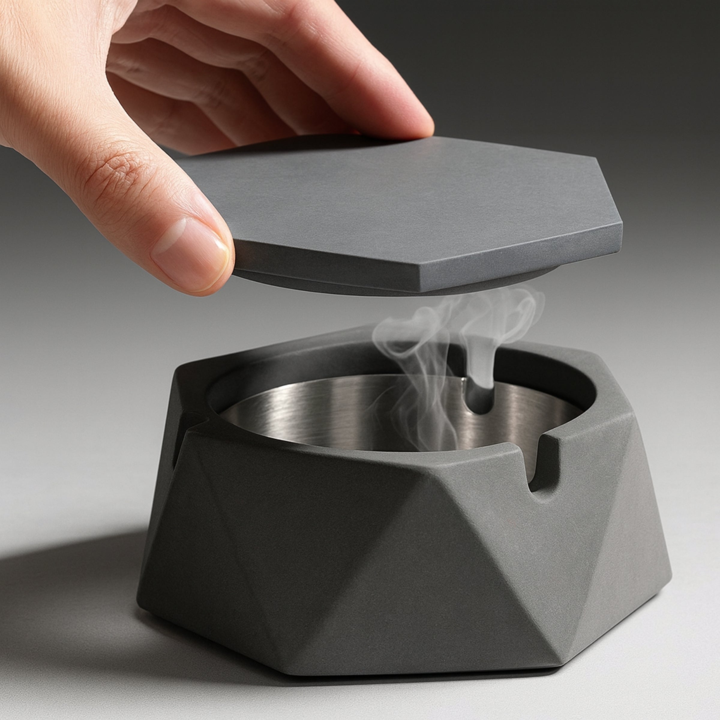 Boncy® Asbak met Deksel | Hexa Cement & RVS