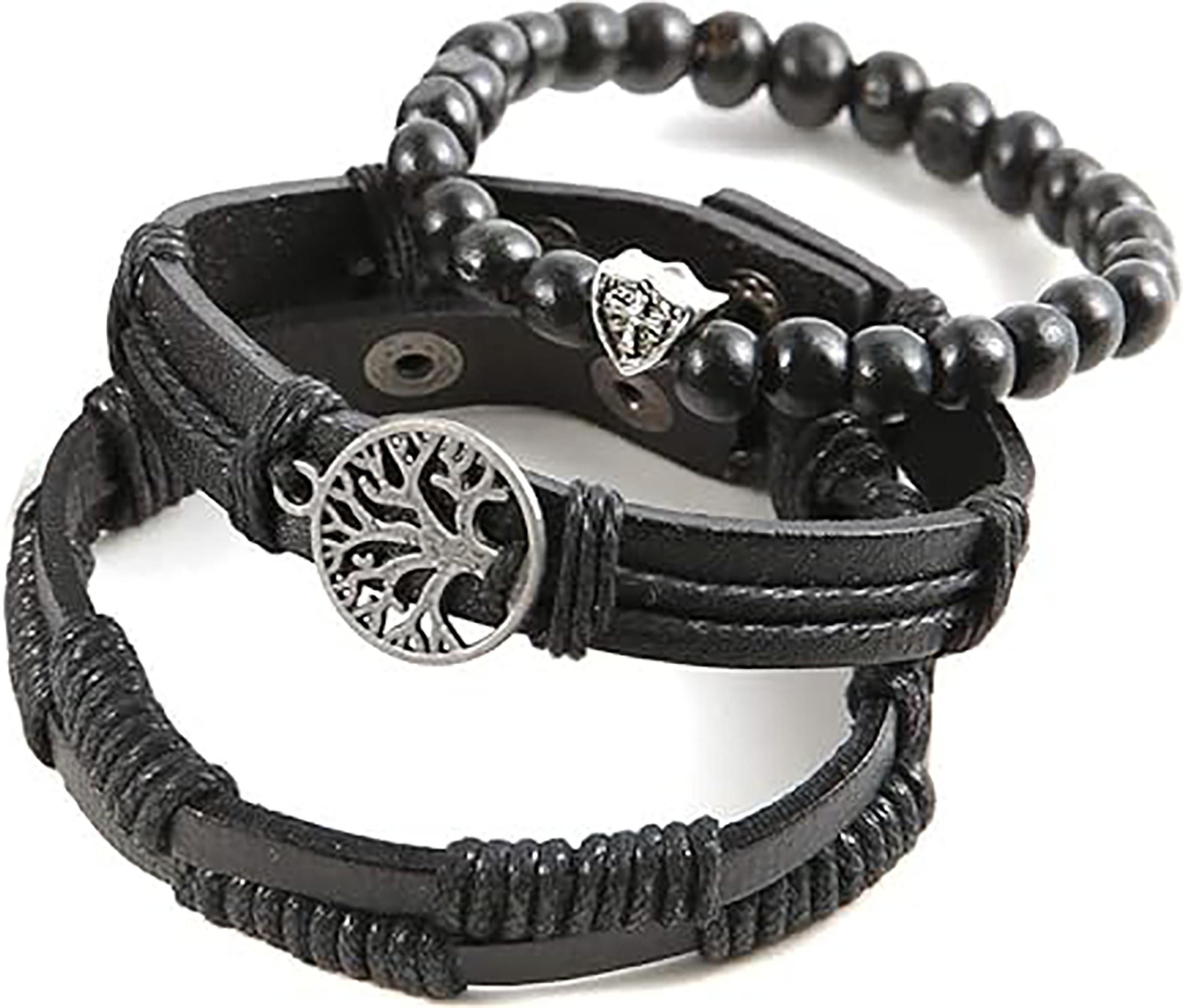 Onyx Rope en Leer Armband | Set van 3 | Zwart