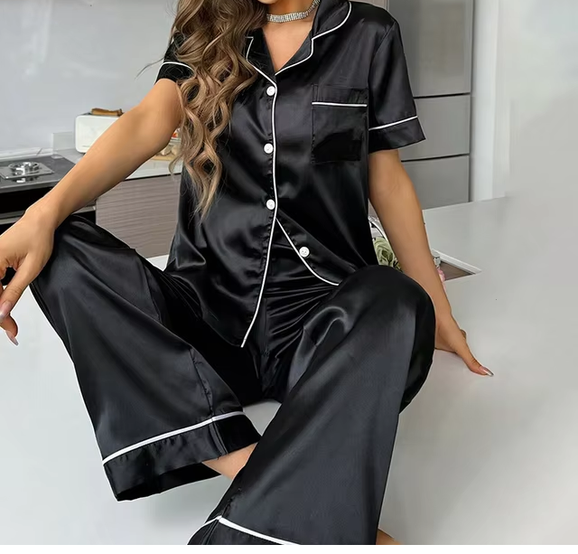 Pyjama Set Dames | Blouse en Broek | Satijn | Zwart