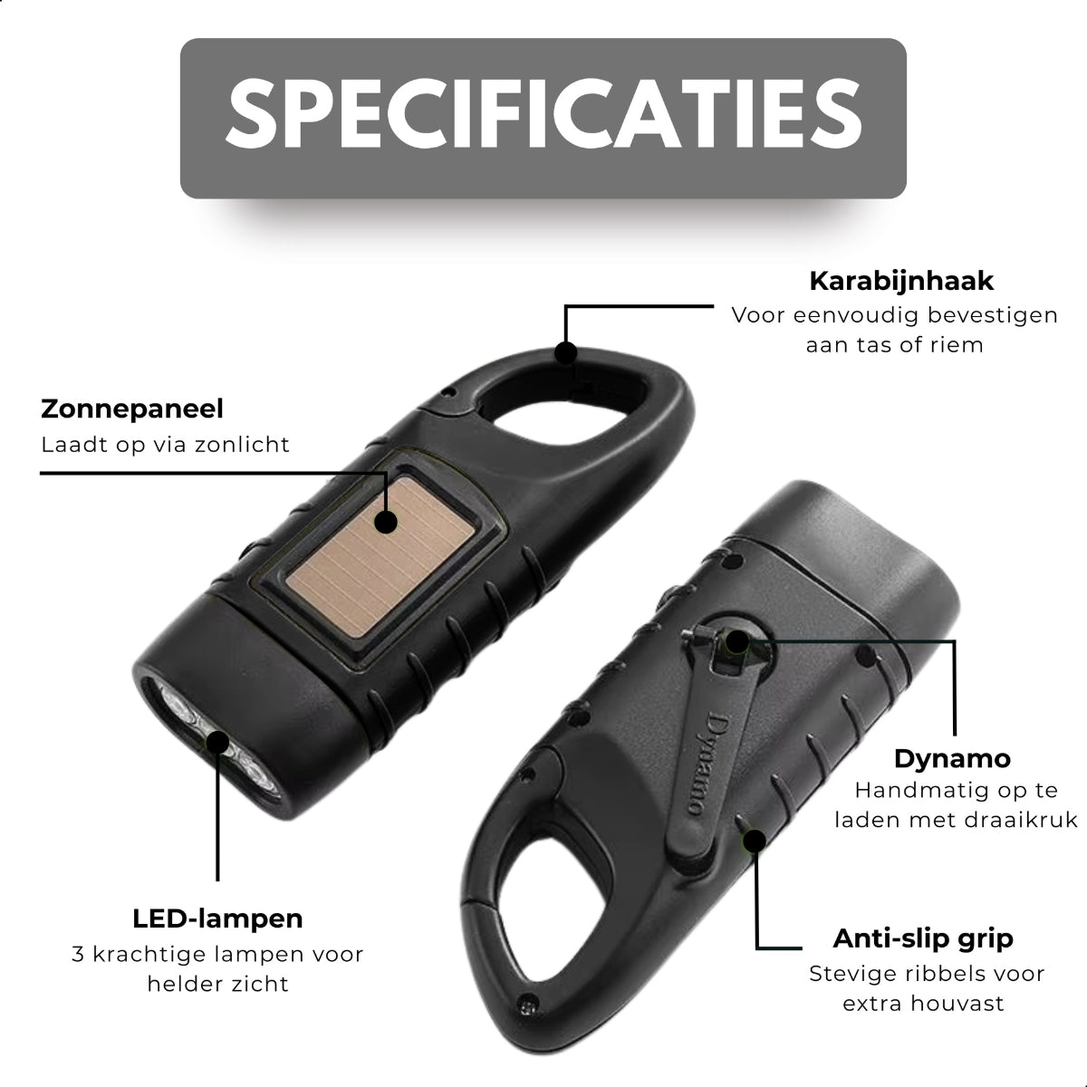 Boncy® Opwindbare LED Zaklamp | Zwart