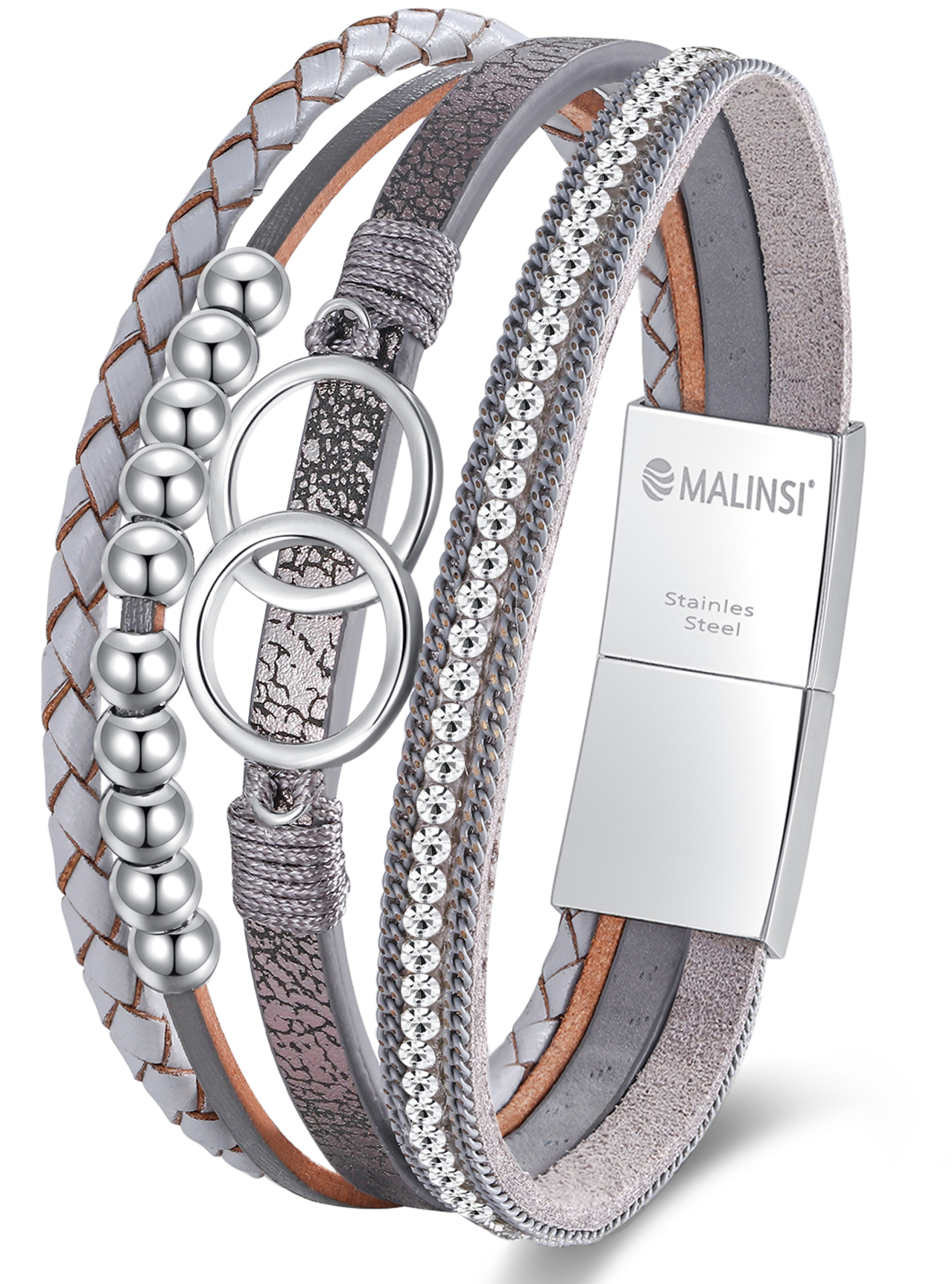 Armband Dames | 4 Snoeren | Leer en RVS