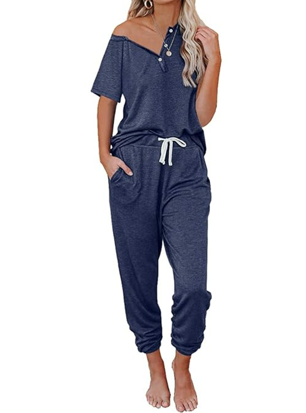 Pyjama Set Dames | Loungewear V-Top | Blauw