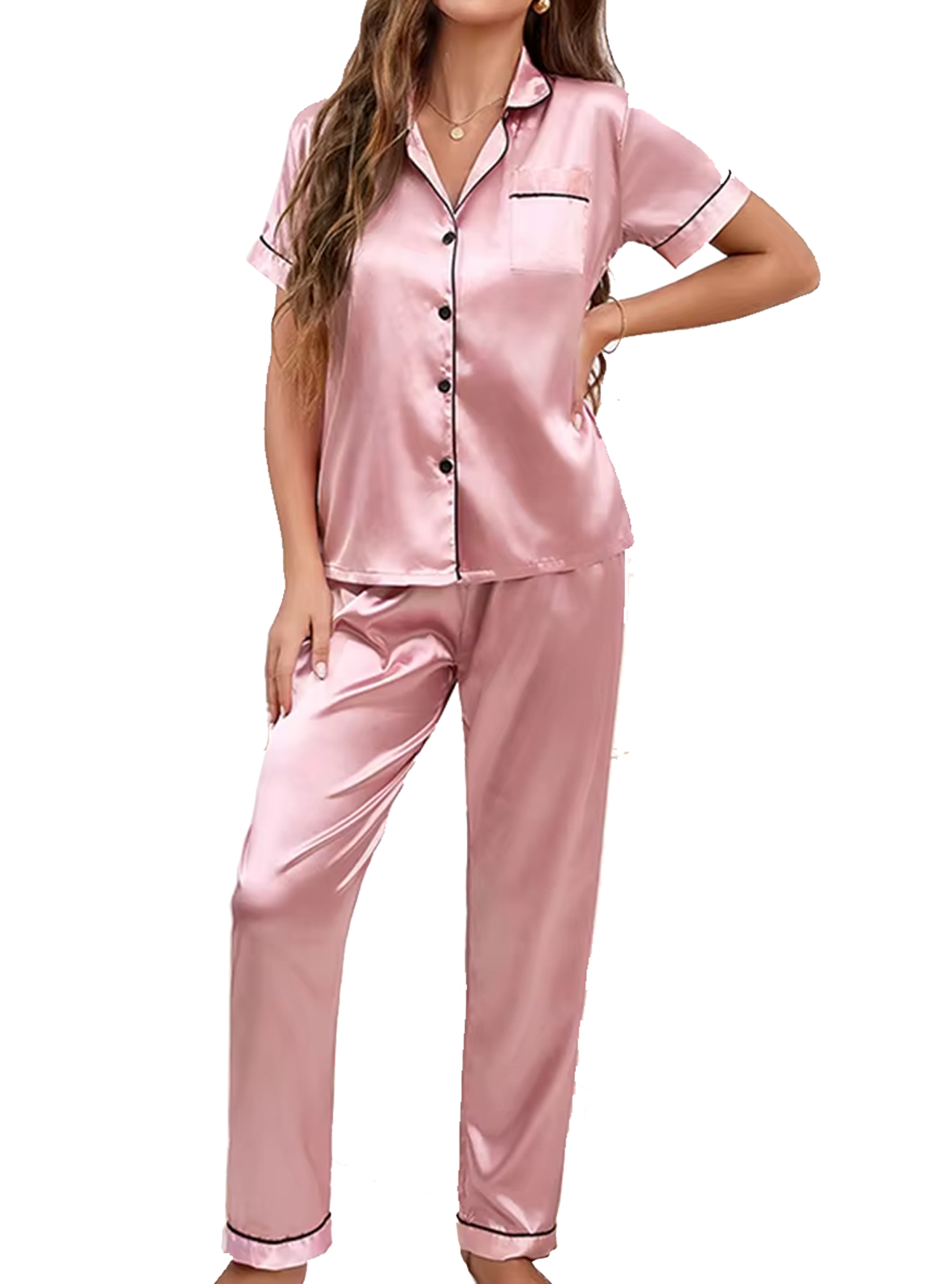 Pyjama Set Dames | Blouse en Broek | Satijn | Roze