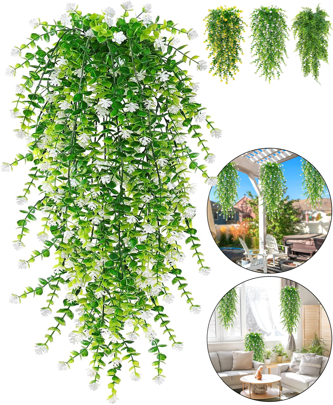 Premium Kunstplant | Hangplant Wit/Groen | 3 Stuks