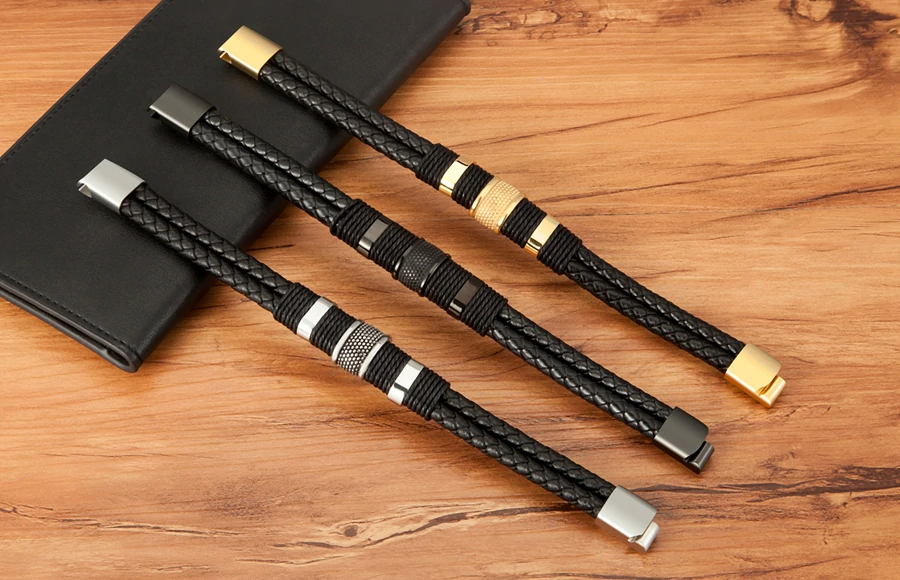 leren armband heren goud, zilver en zwart met RVS ringen | cadeauplek