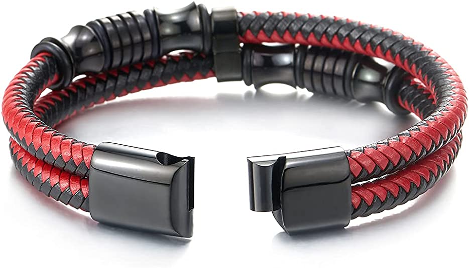 Leren armband heren met RVS, rood, geopend | Cadeauplek