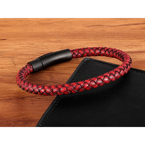 Leren armband heren enkel gevlochten, Rood | Cadeauplek