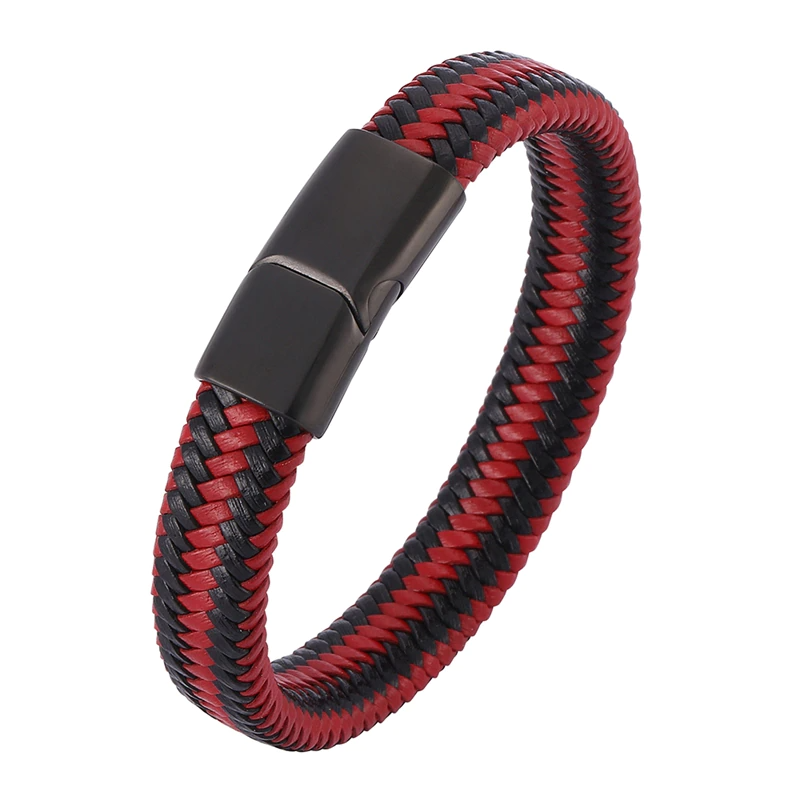 Gevlochten leren armband heren met RVS sluiting, Rood + Zwart | Cadeauplek