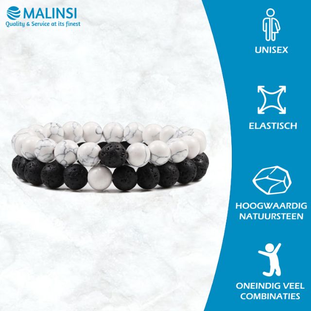 Kralen armband heren & dames, wit +matte zwart | Cadeauplek