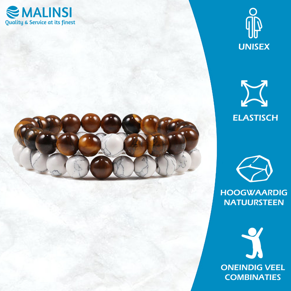 Kralen armband heren & dames, donker bruin + wit | Cadeauplek
