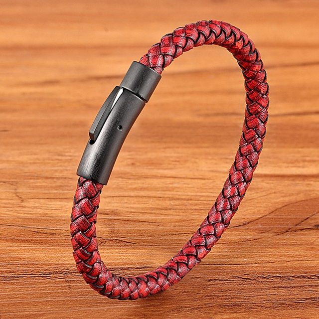 Leren armband heren enkel gevlochten, Rood | Cadeauplek
