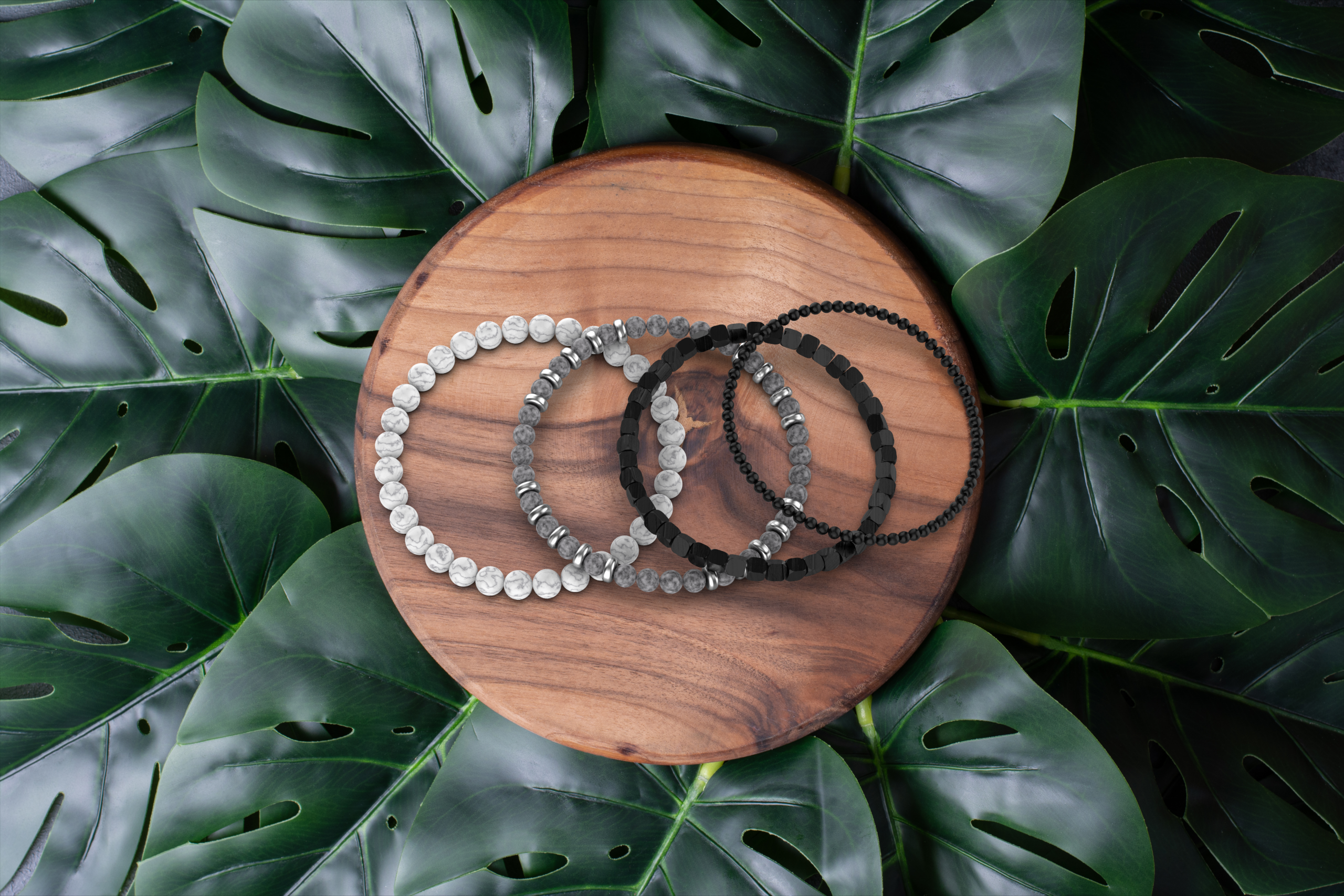 Onyx en Lava Stone Natuursteen Armband | Set van 4 | Zwart/Wit
