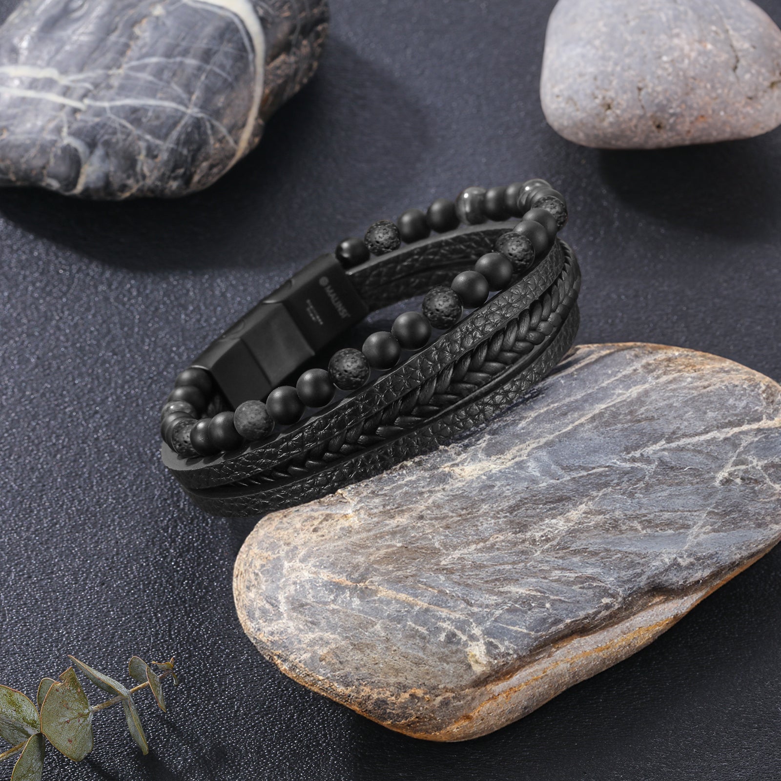 Onyx Stone Leren armband | Zwart Snoeren en RVS