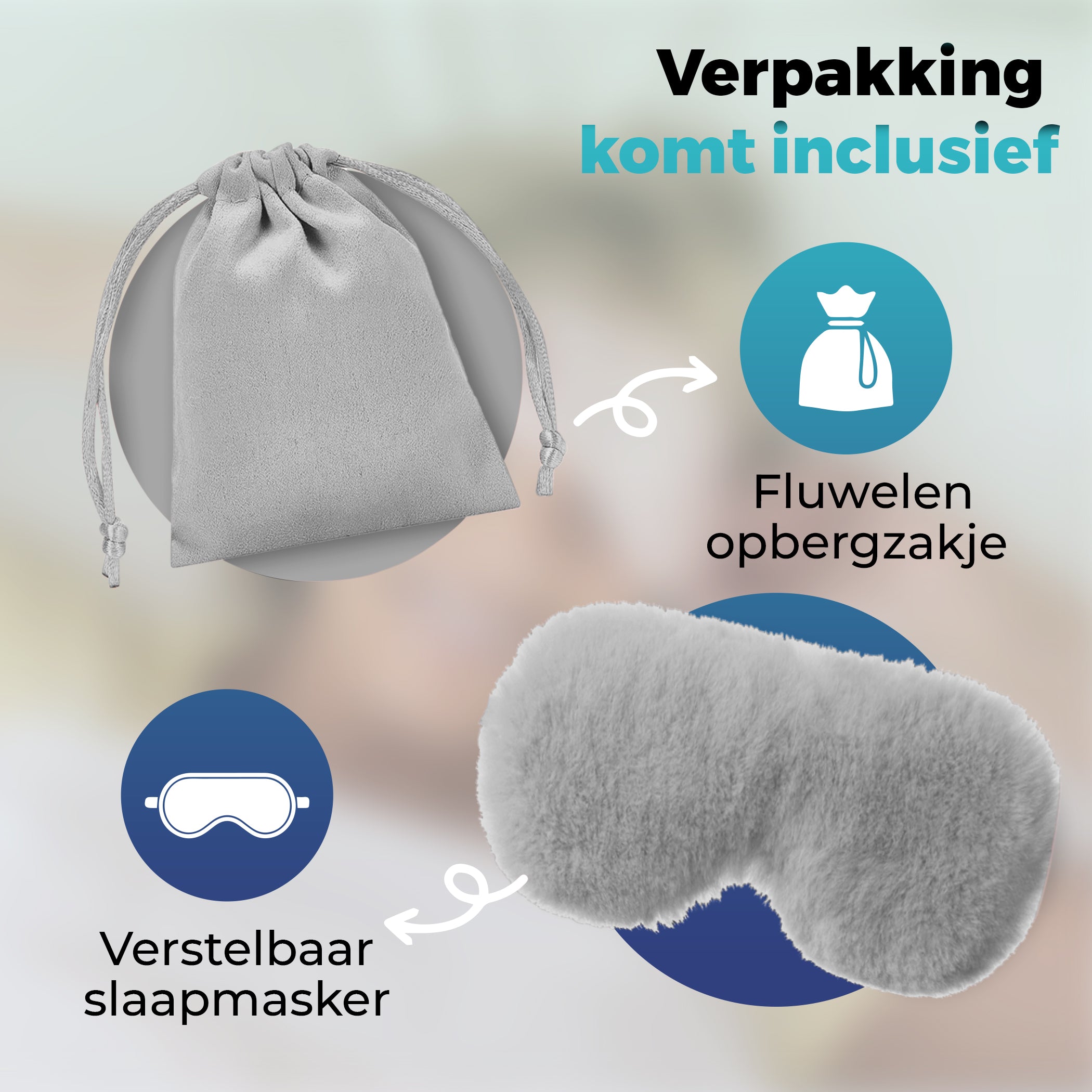 Verstelbaar Slaapmasker met Opbergzakje | Grijs Fluffy Zijde