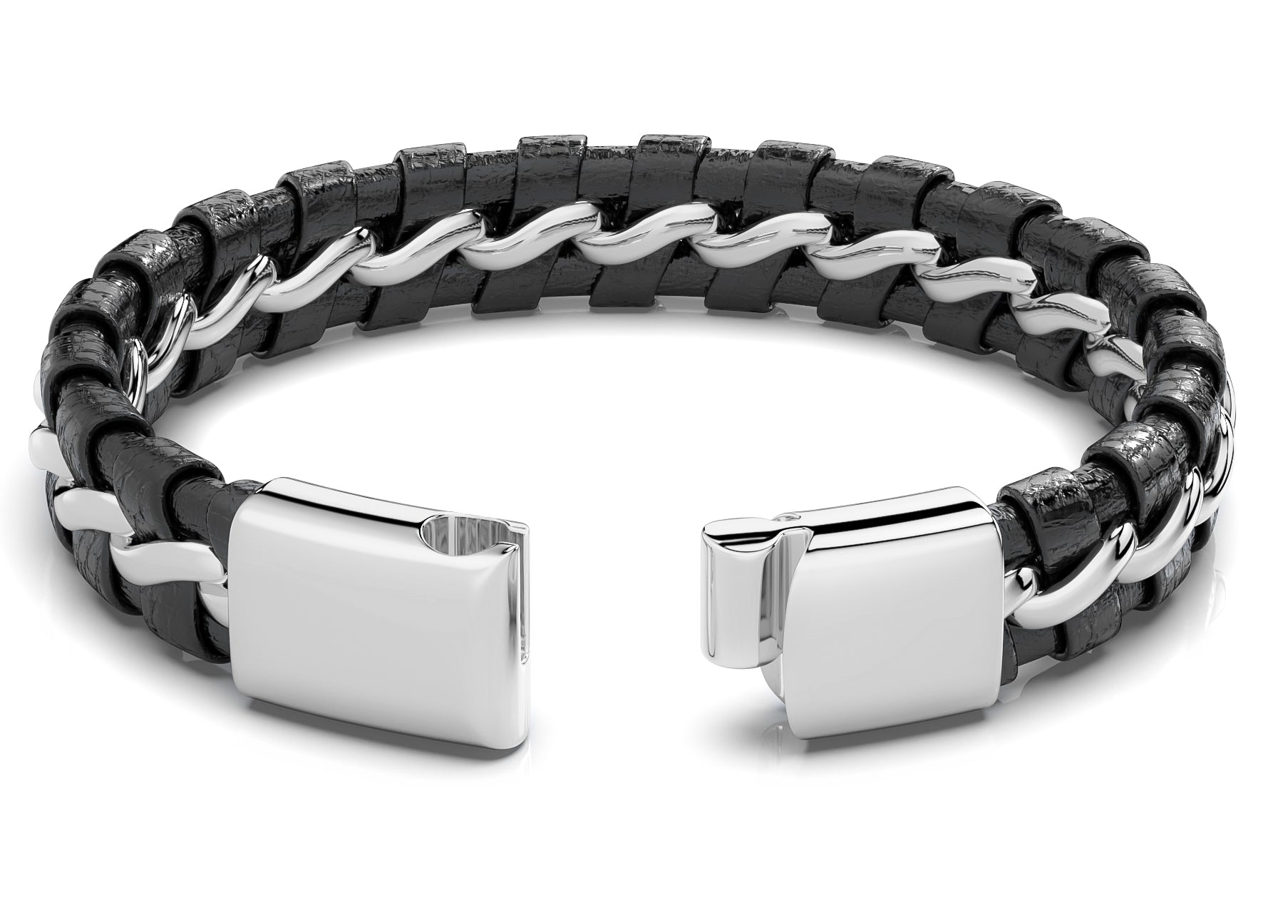 Armband Heren | Gevlochten RVS Leer | Zilver + Zwart