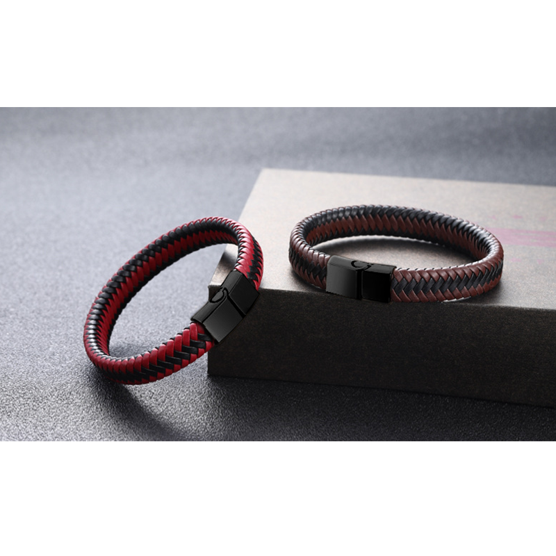 Gevlochten leren armband heren met RVS sluiting, Rood + Zwart / Bruin + Zwart | Cadeauplek