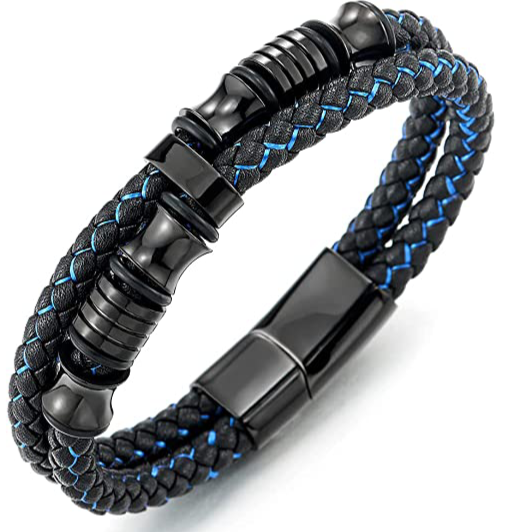 Leren armband heren met RVS, blauw | Cadeauplek