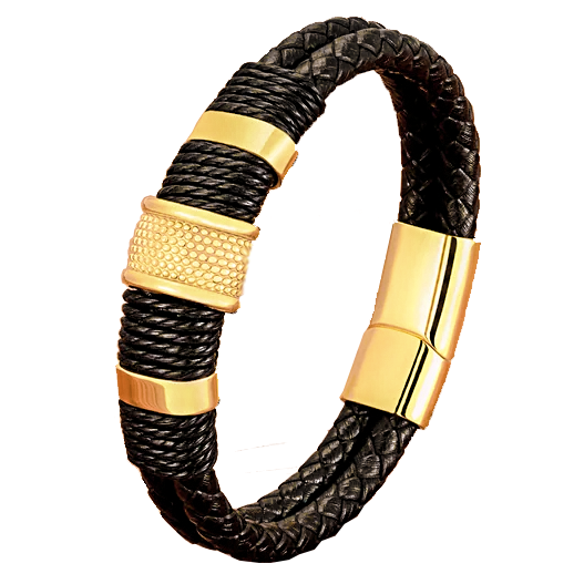 leren armband heren goud met RVS ringen | cadeauplek