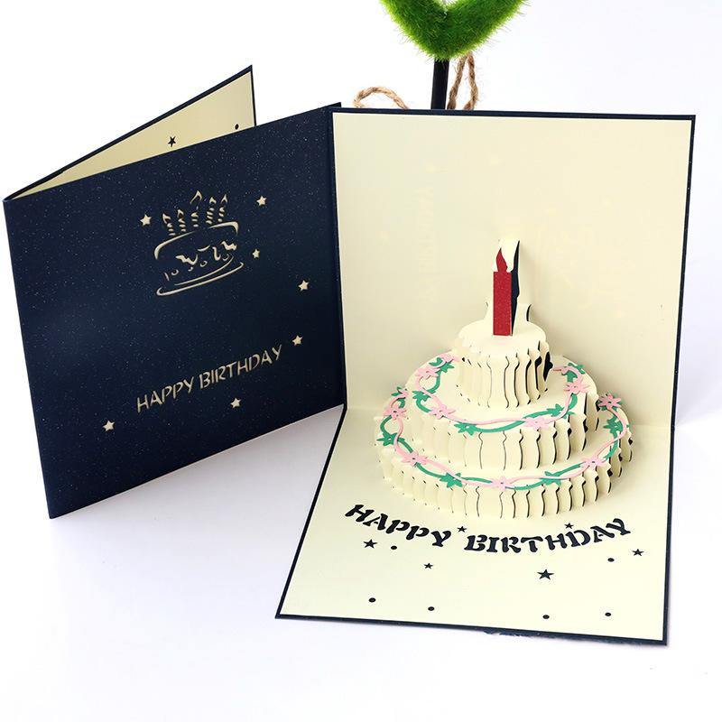 3D pop-up wenskaart voor verjaardag met taart, blauw, geopend | Cadeauplek