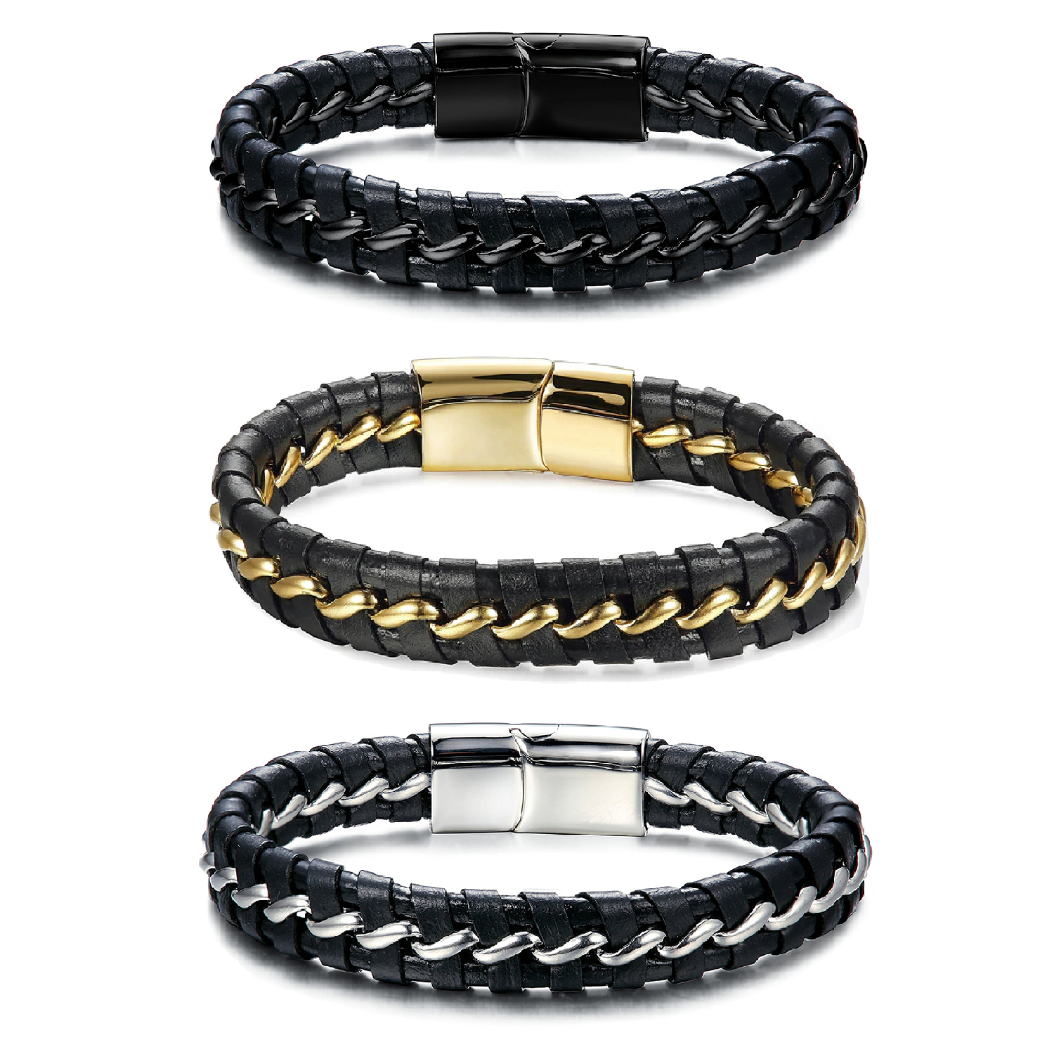 Leren armband heren met gevlochten RVS, Goud/Zilver/Zwart | Cadeauplek