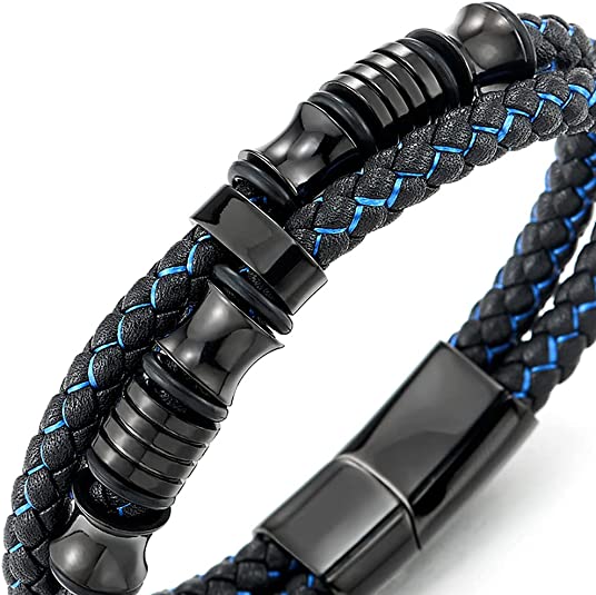 Leren armband heren met RVS, blauw, details | Cadeauplek