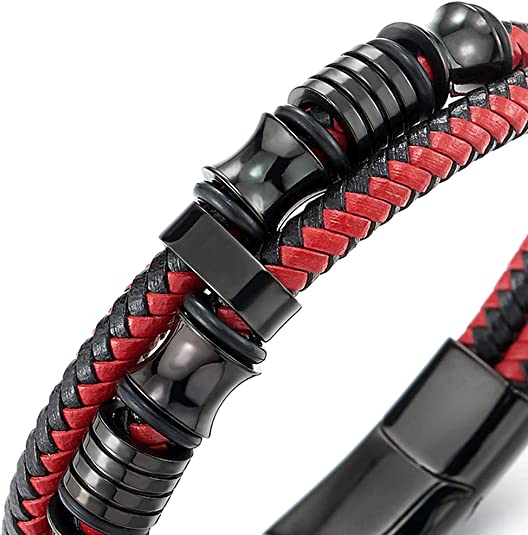Leren armband heren met RVS, rood, details| Cadeauplek