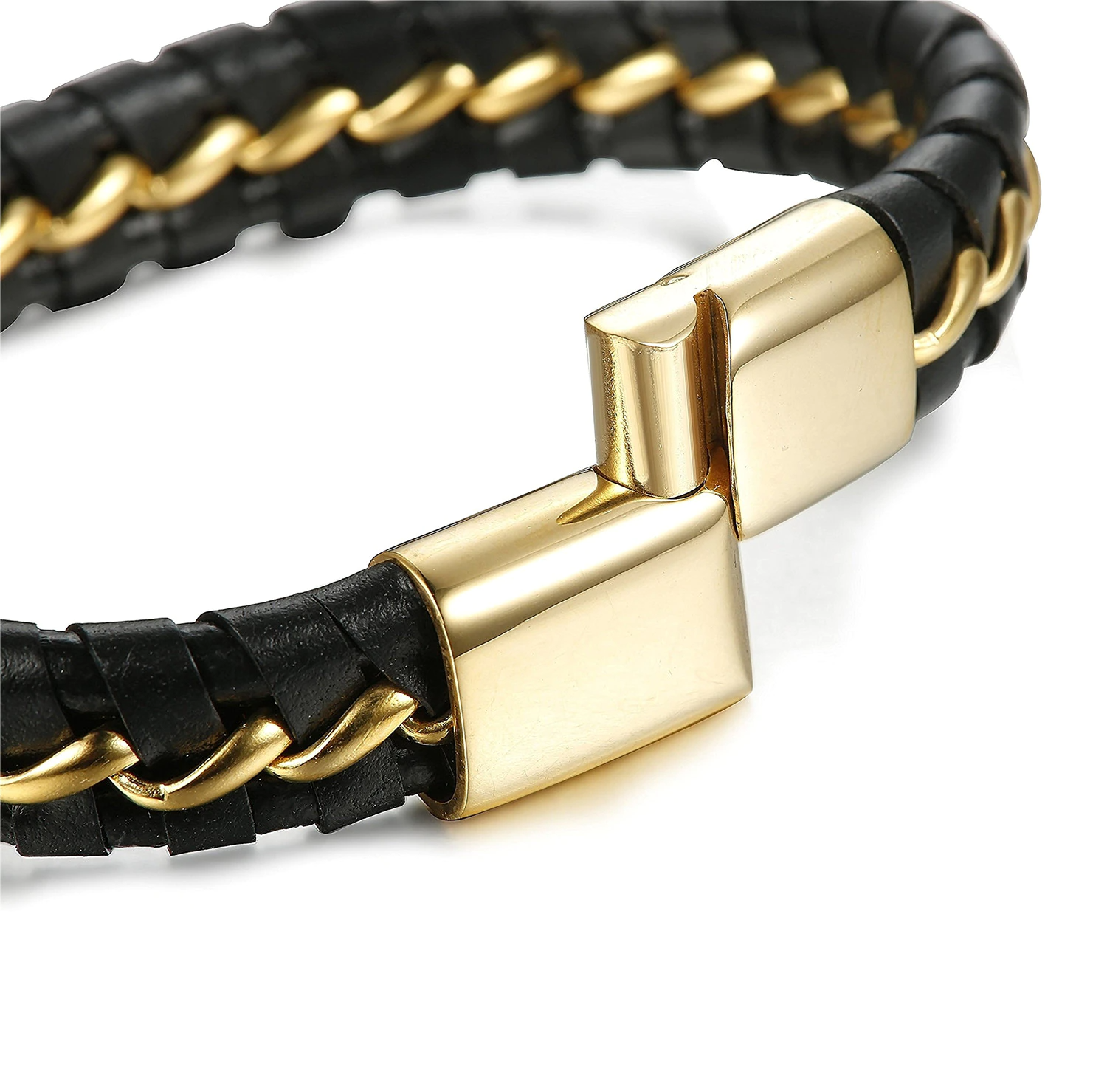 Leren armband heren met gevlochten RVS, Goud + Zwart, geopend | Cadeauplek