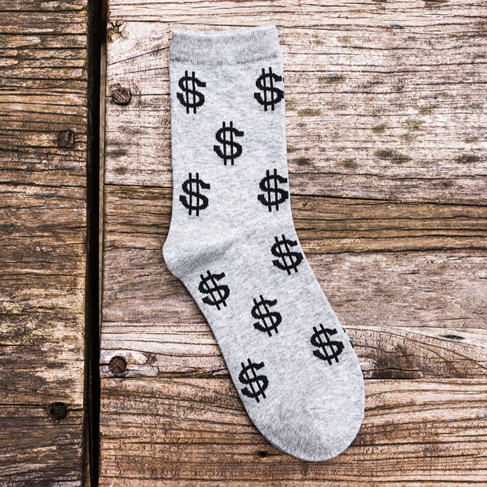 Grappige sokken met dollar tekens grijs met houten achtergrond | cadeauplek