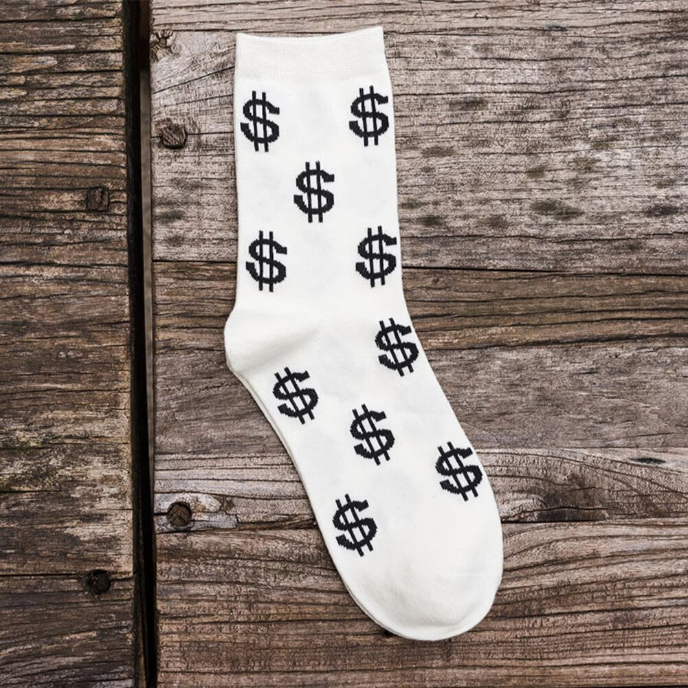 Grappige sokken met dollar tekens wit met houten achtergrond | cadeauplek